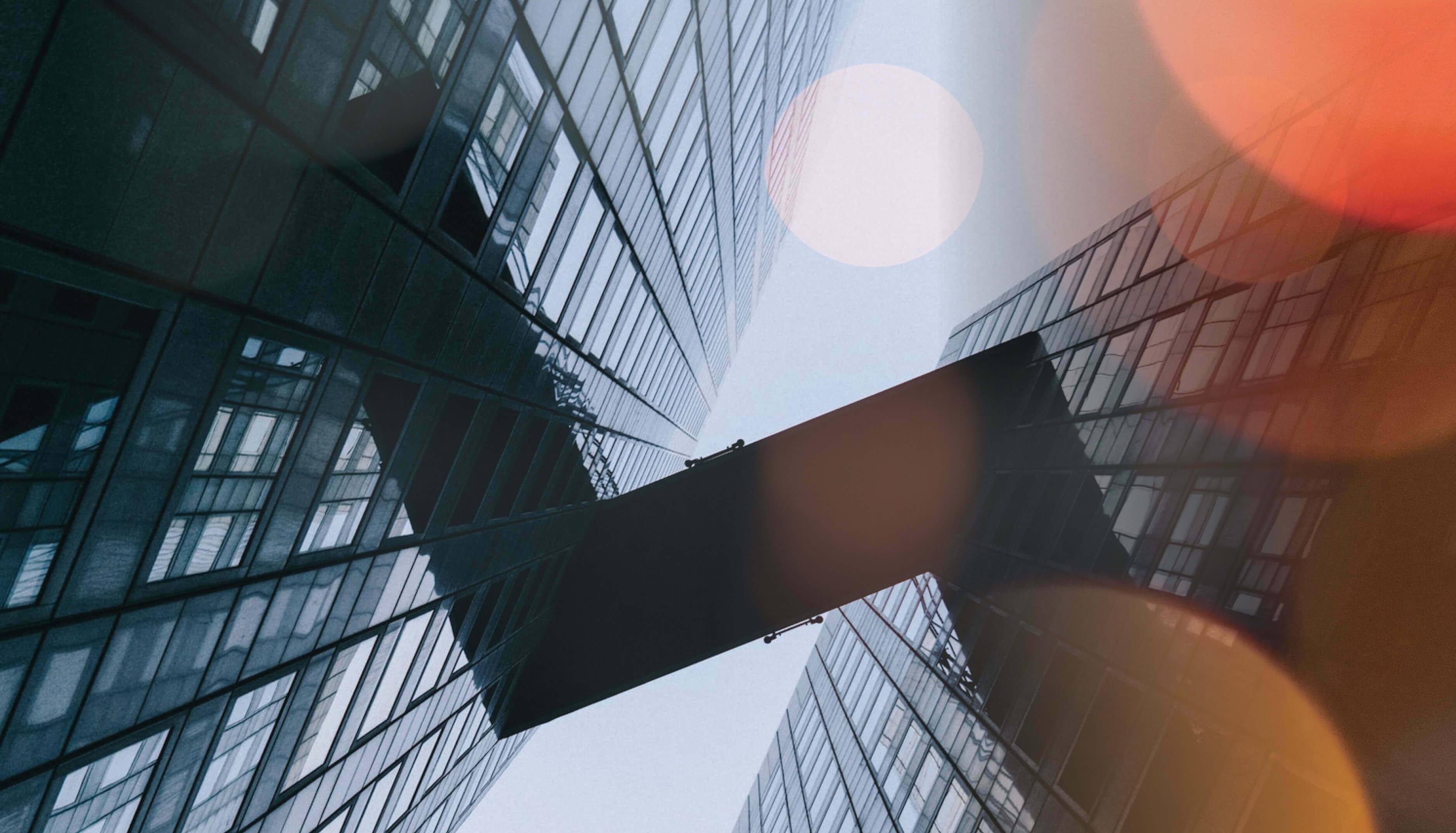 Skyscrapers connected by foot bridge