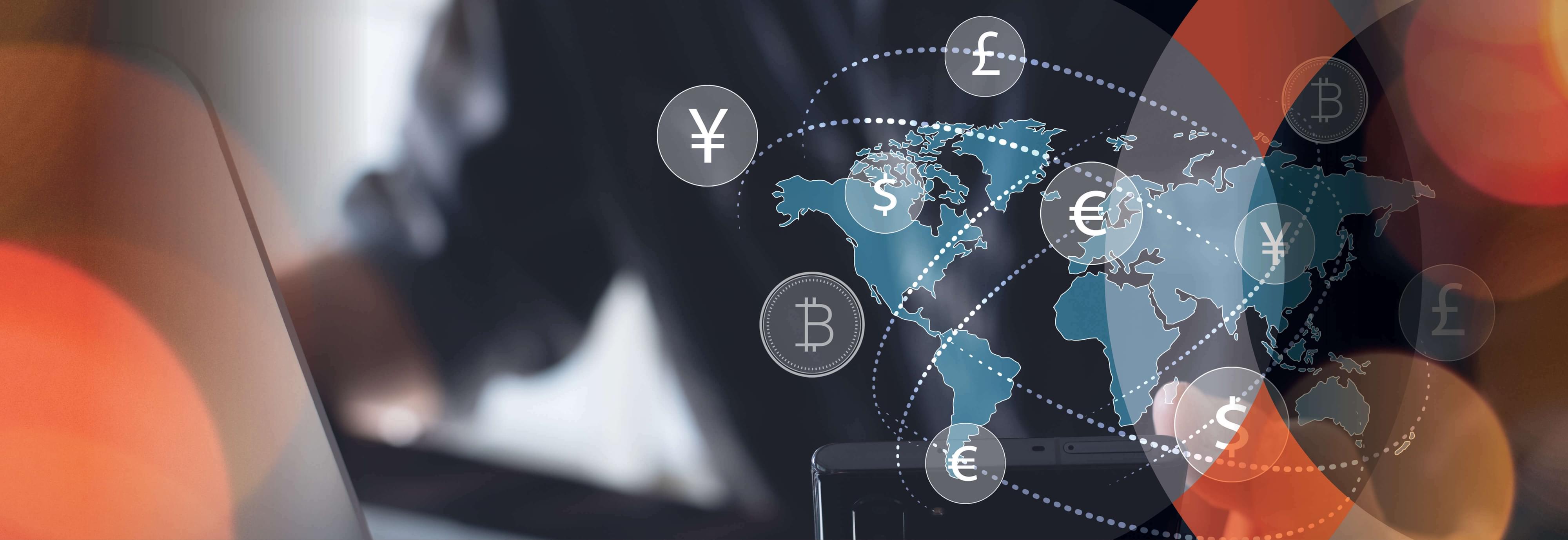 World map with connecting currency
